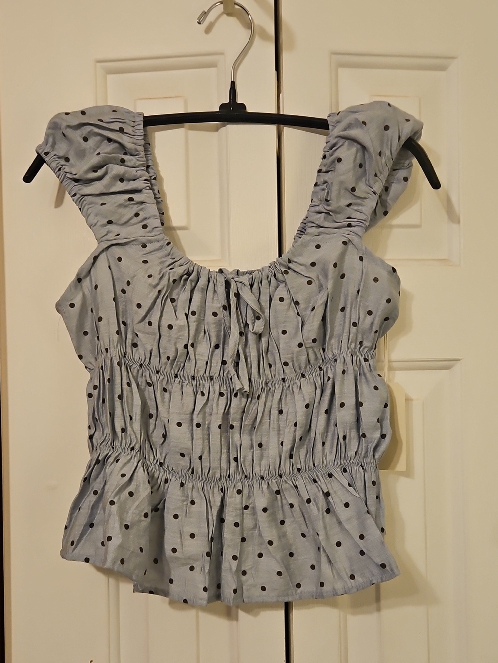 Love Notes NWT Blue Polka Dot Ruffle Peplum Top Size Medium Linen Blend